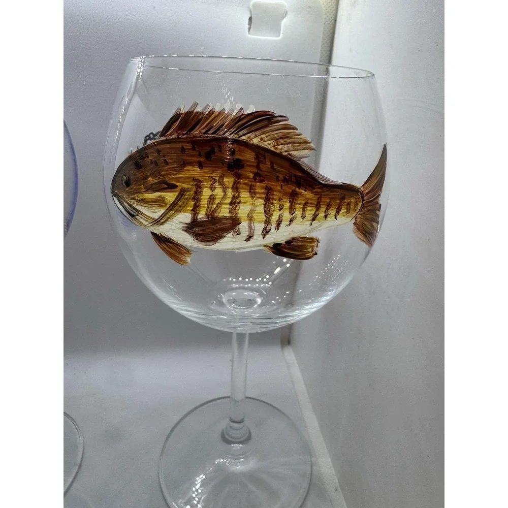 Hand Painted Set Loon Wine Glass Lake Bird Art Fishing Lure Balloon Wine Goblet